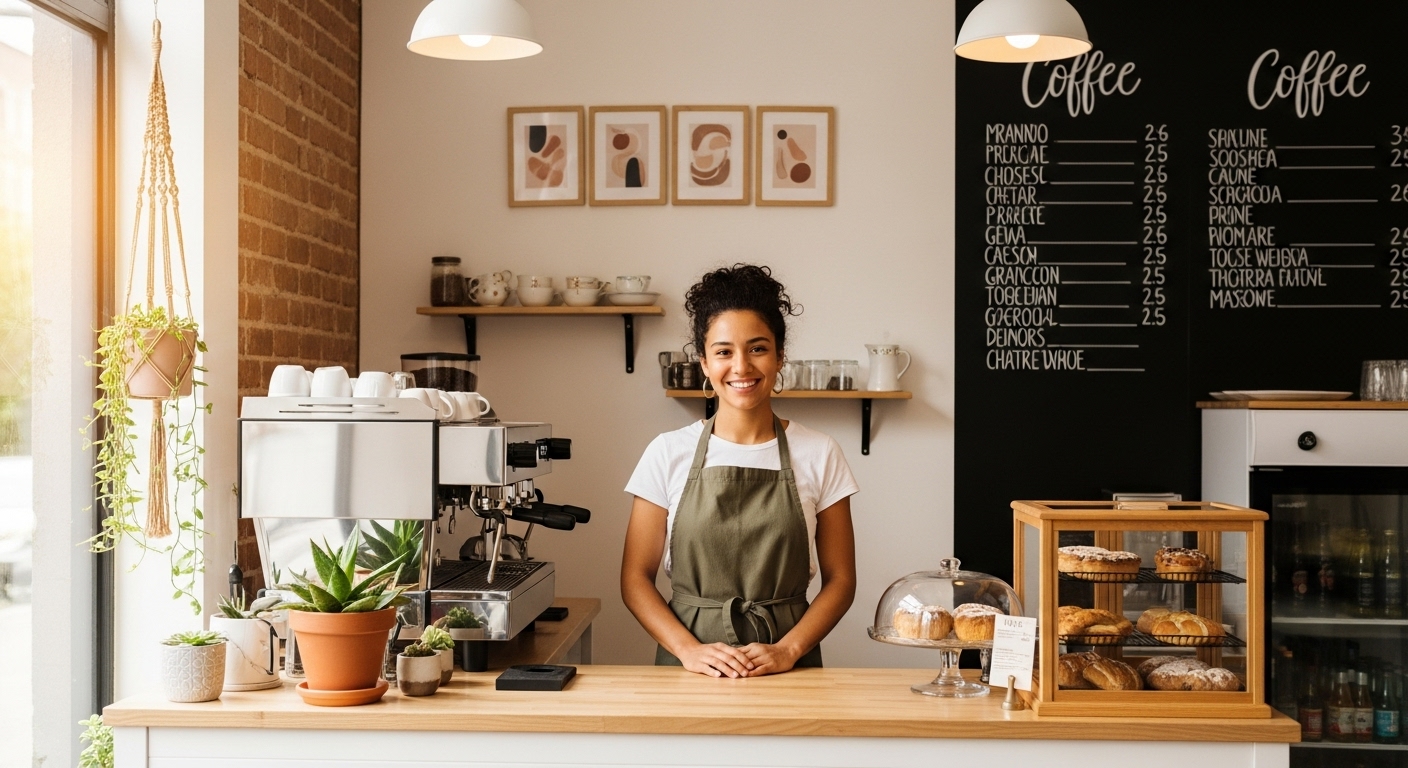 젊은 창업가가 운영하는 작고 아늑한 1인 카페의 내부 전경