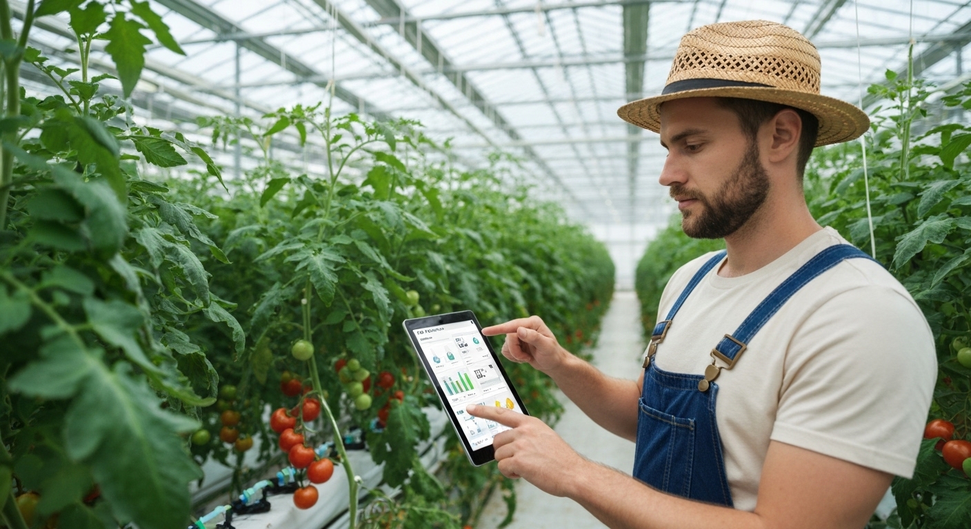 스마트팜 솔루션을 활용하는 귀농 농업인의 모습