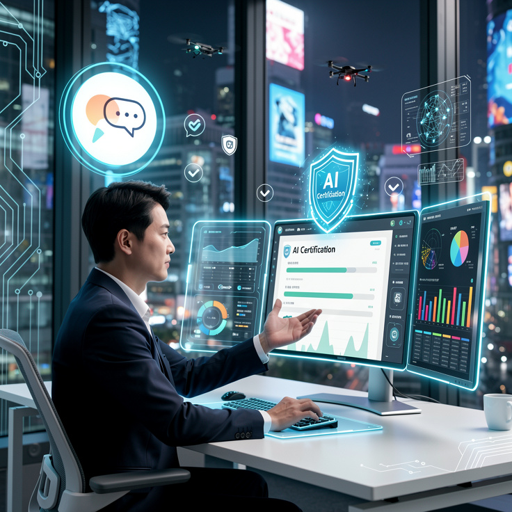 2026년 AI 활용 능력 자격증의 중요성을 보여주는 한국인의 첨단 사무실 풍경