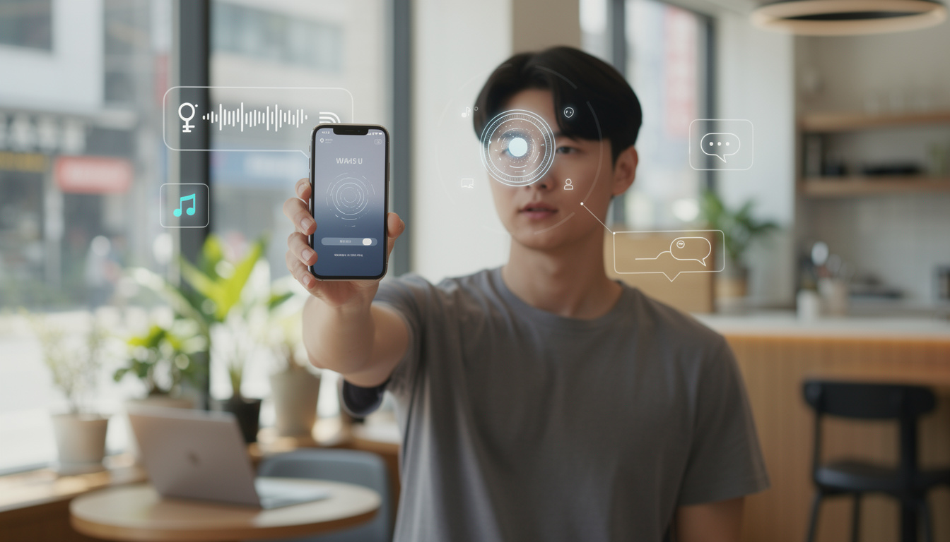 스마트폰 얼굴 인식으로 잠금 해제하는 한국인과 일상 속 인공지능 활용 장면