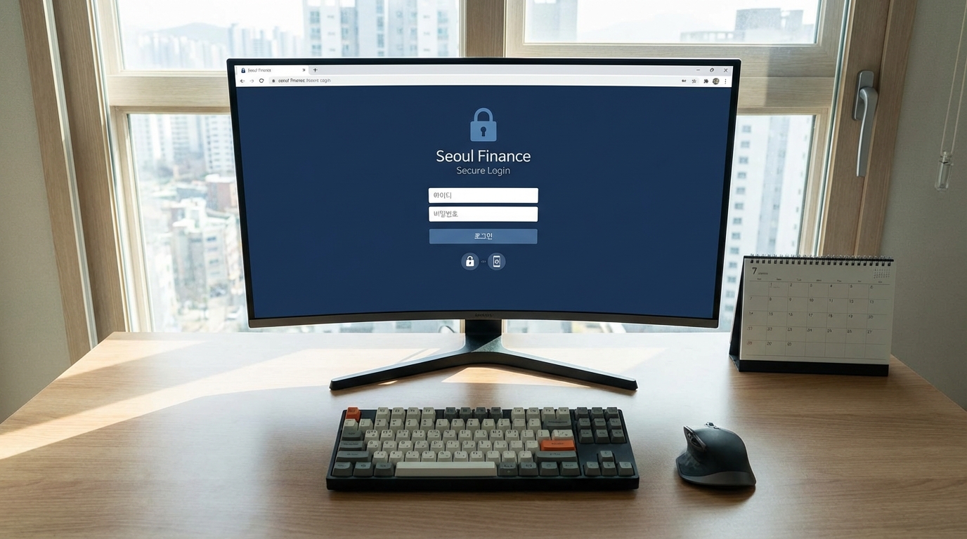 한국인 사용자가 현대카드 홈페이지에서 아이디와 비밀번호를 입력하는 보안 로그인 화면