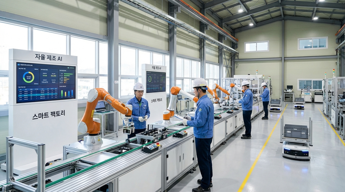 한국의 첨단 스마트 팩토리에서 협동로봇과 인간이 함께 일하는 모습
