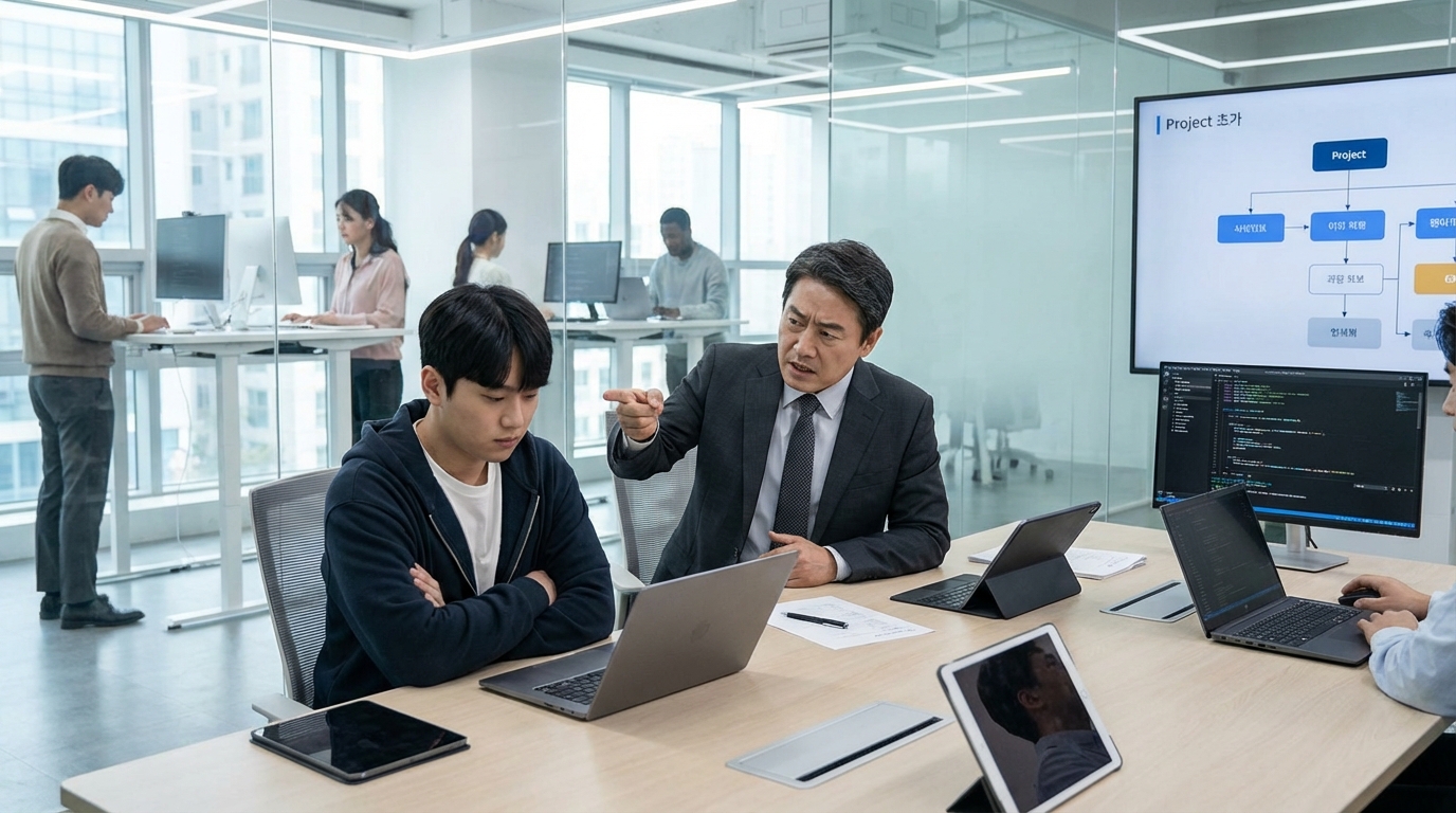 한국에서 개발 외주 계약 문제로 어려움을 겪는 고객과 개발자의 회의 모습
