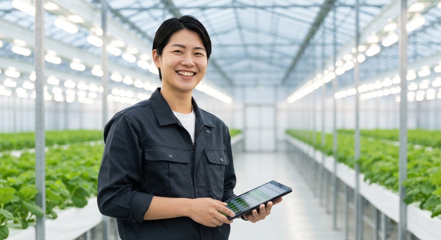 최신 스마트팜에서 태블릿 PC를 들고 밝게 웃고 있는 젊은 청년 농부