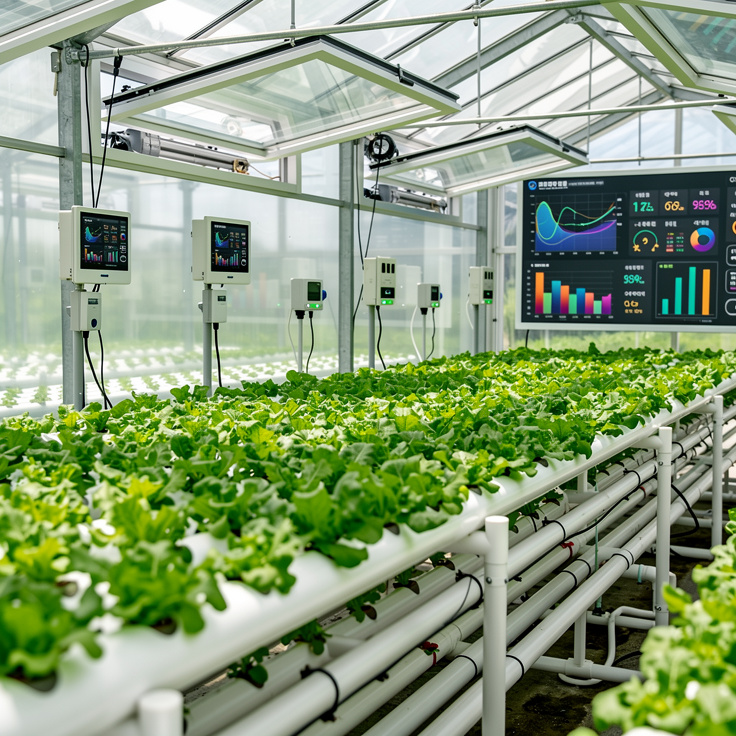 한국의 최첨단 스마트팜 온실 내부 모습으로 ICT 장비들이 작동 중인 실사 이미지