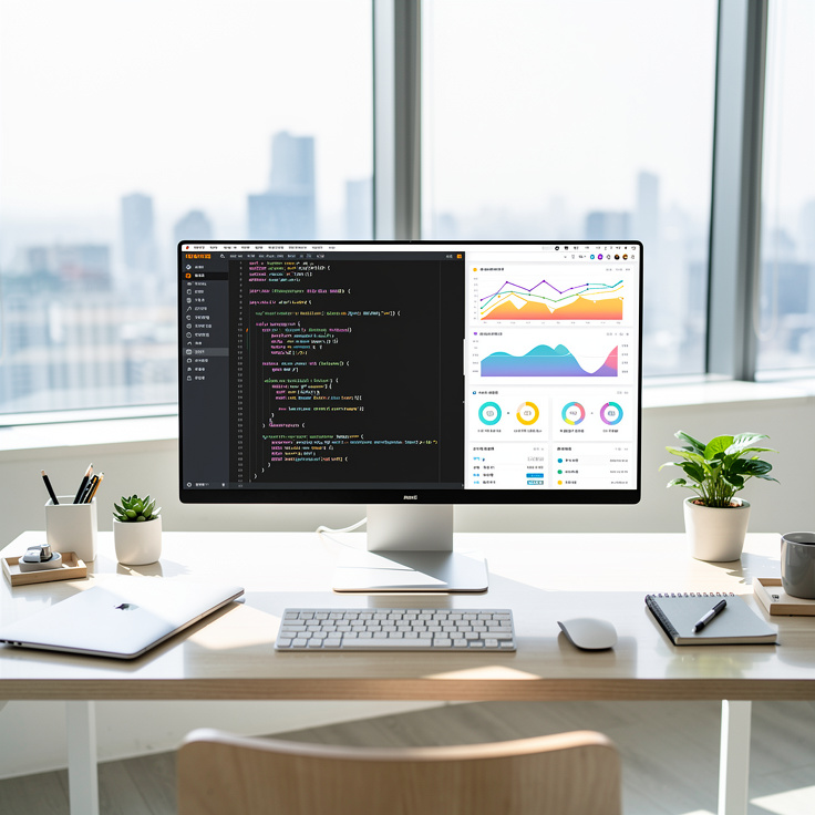 워드프레스 API 자동화와 최신 기술을 상징하는 한국의 현대 사무실 풍경