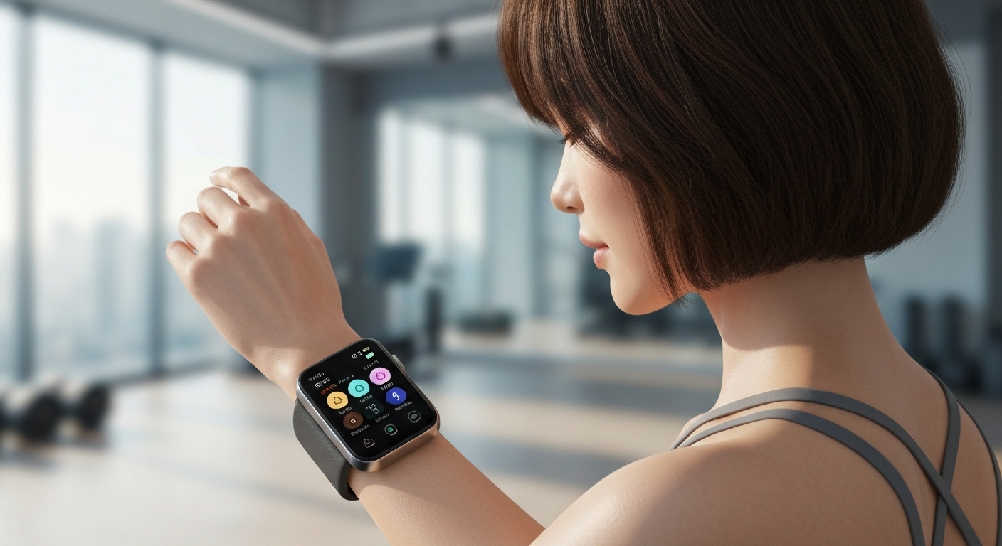 한국인이 착용한 최신 웨어러블 IoT 피트니스 기기와 건강 데이터 화면