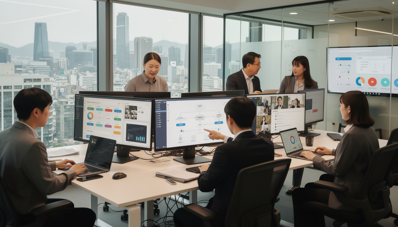 한국의 디지털 업무 환경에서 협업툴과 그룹웨어를 사용하는 직원들 모습