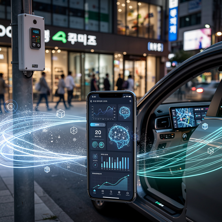 에지 디바이스와 AI 모델 배포를 상징하는 디지털 데이터 흐름 이미지