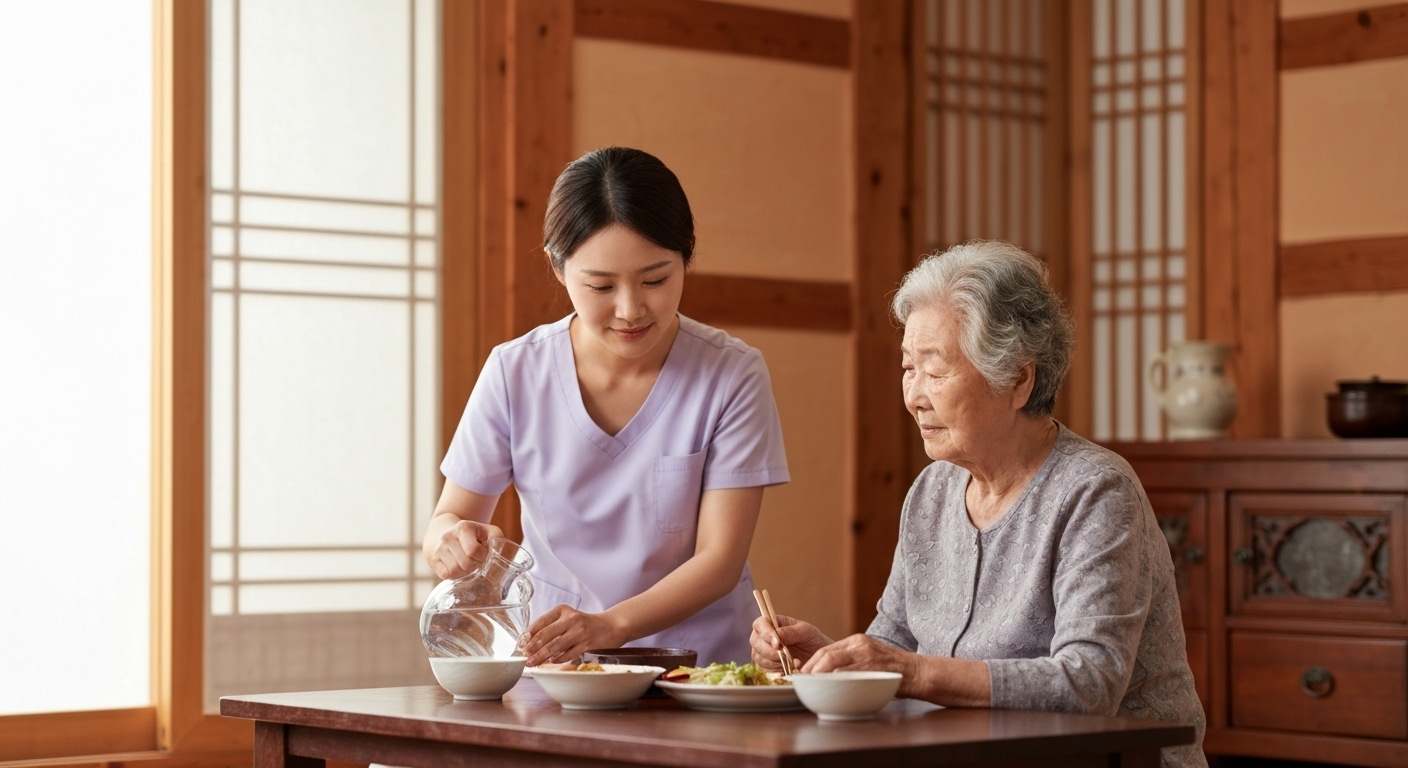 한국 가정에서 요양보호사가 어르신의 일상생활을 돕는 모습
