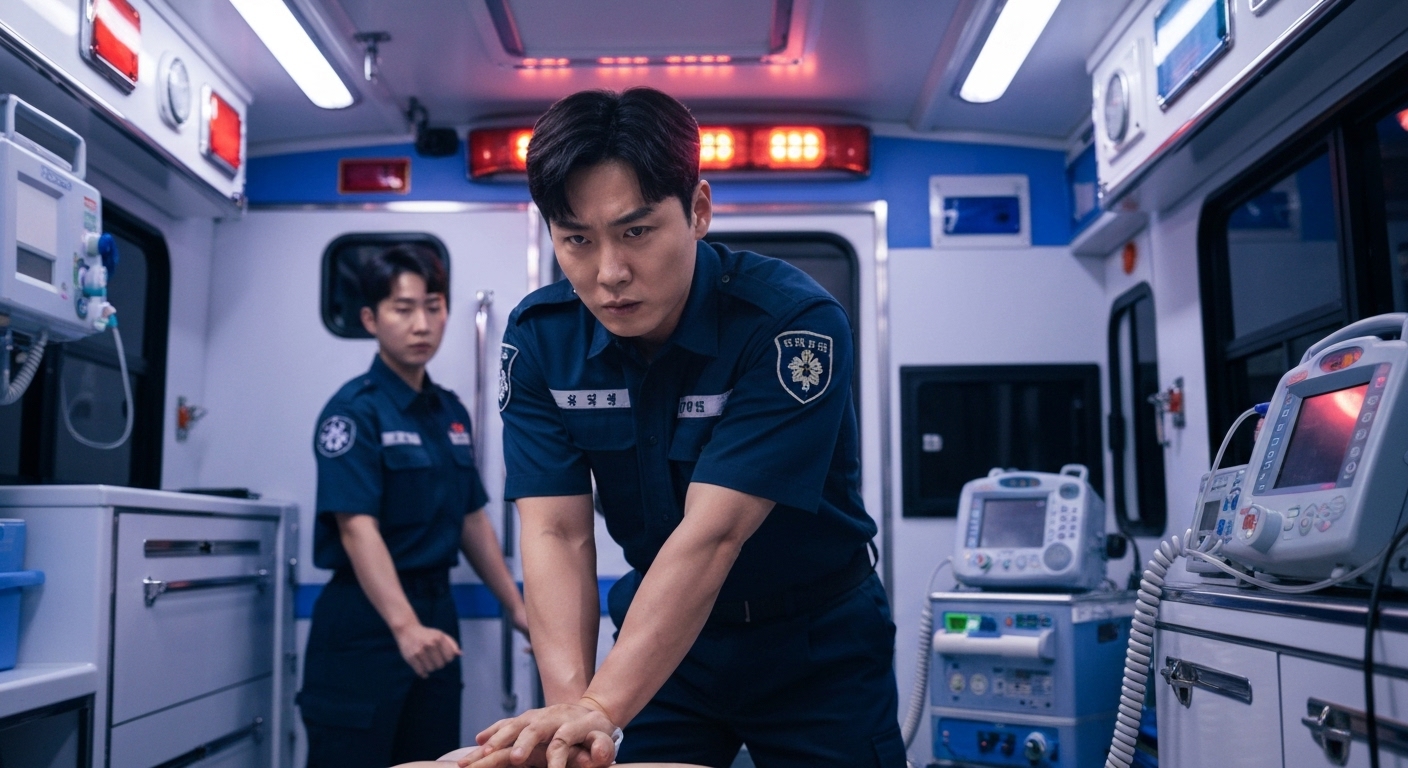 한국 구급차 안에서 전문 구급대원이 응급 처치를 하고 있는 모습