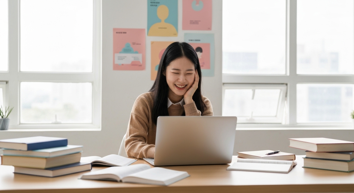 국가장학금이 학비 부담을 덜어주는 것을 상징하는 밝고 현대적인 학생 공부 공간에서 노트북을 사용하는 한국인 대학생