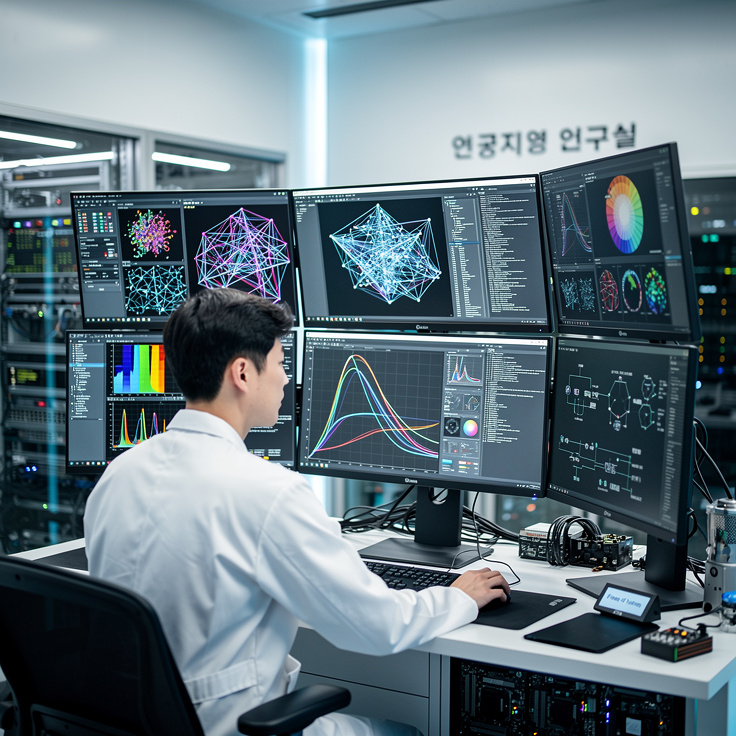 파인튜닝 과정을 보여주는 첨단 컴퓨터 앞 연구원 이미지