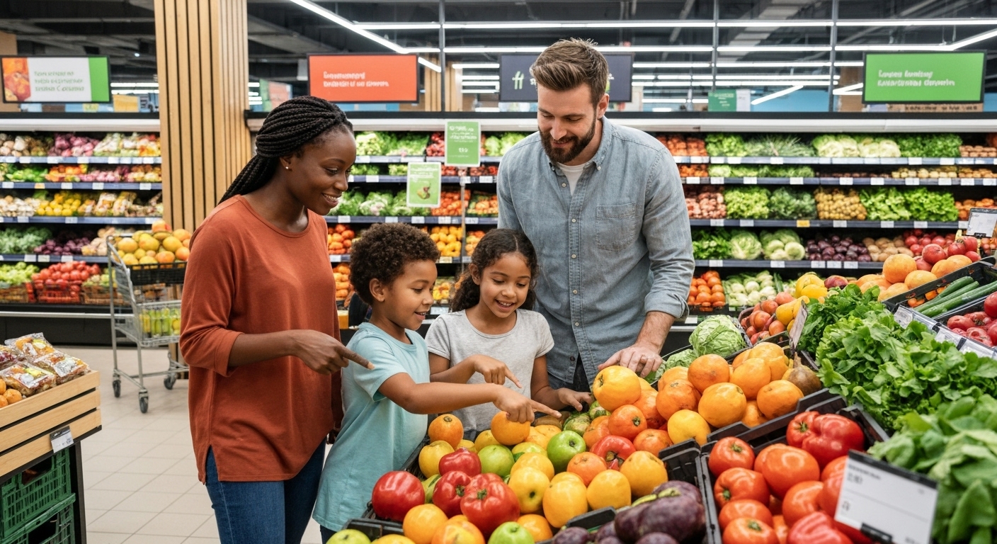 신선한 국내산 농산물을 쇼핑하는 다양한 가족 모습