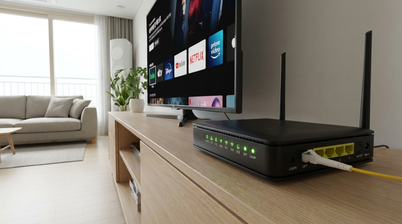 대칭형 인터넷 광케이블이 연결된 한국의 최신 가정 인터넷 장비