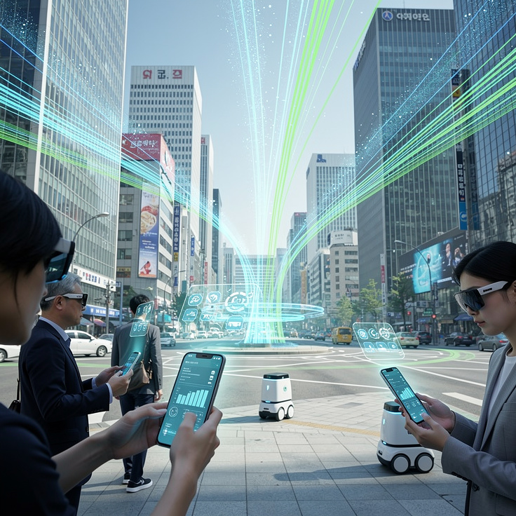2026년 한국의 미래 스마트 도시에서 스마트폰과 로봇 등 엣지 디바이스가 실시간으로 AI를 사용하는 모습