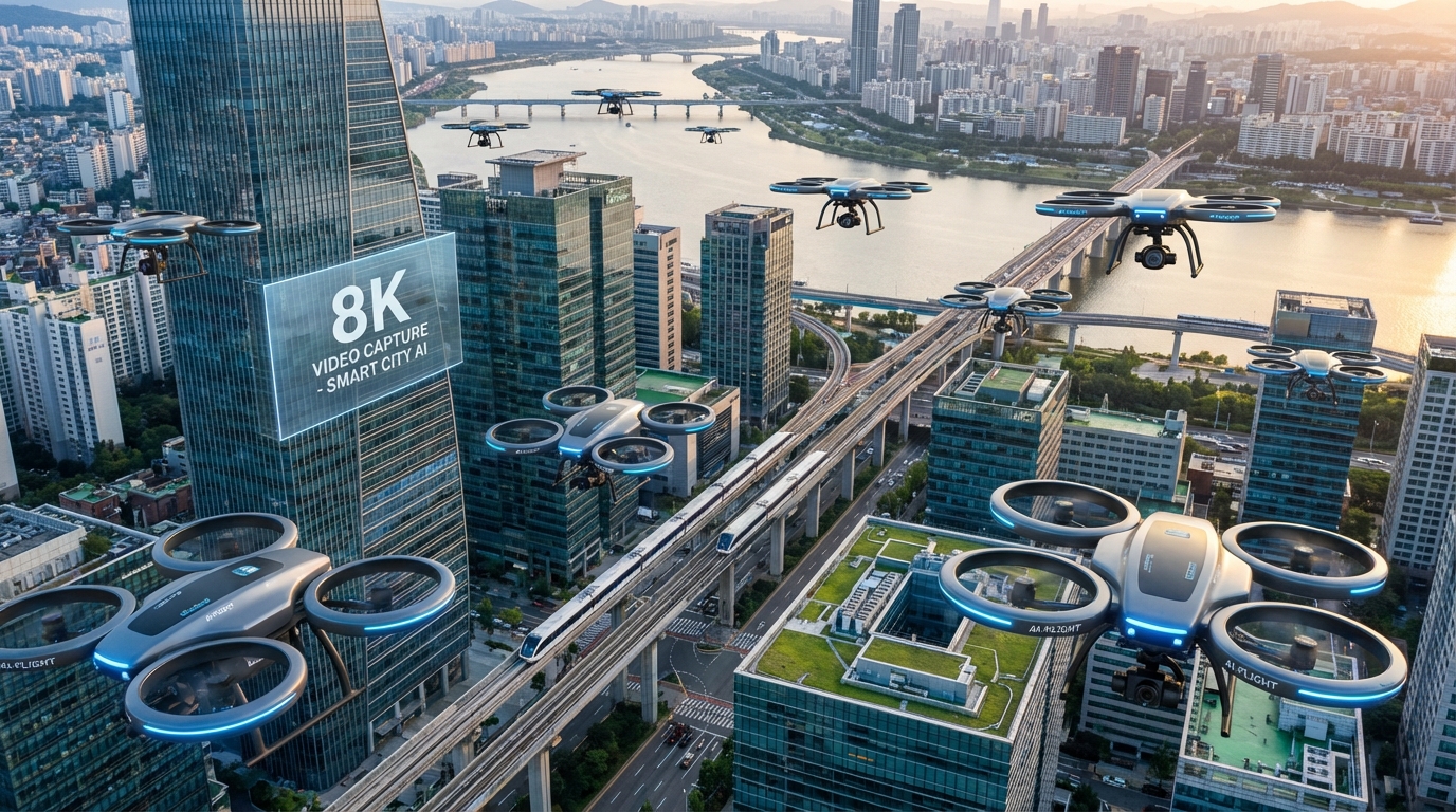 2026년 AI 비행 보조와 8K 촬영이 적용된 한국의 미래형 도시와 드론 비행 장면
