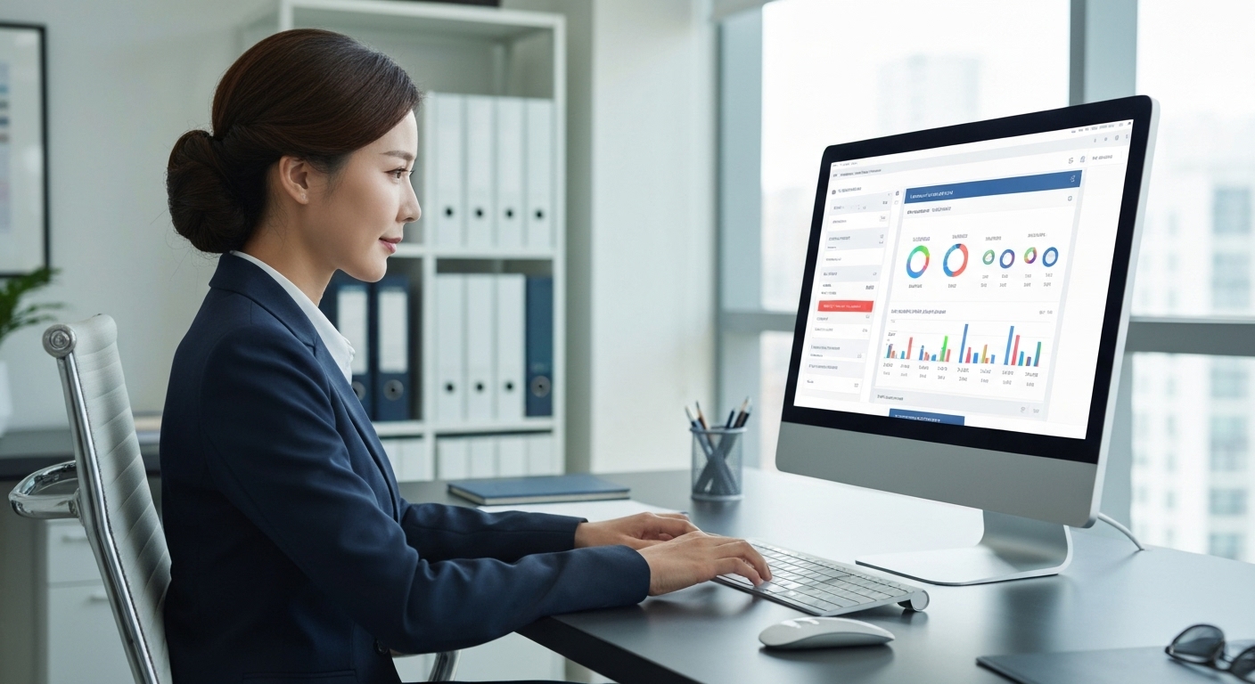 재고관리 프로그램을 사용하는 한국 비즈니스 사무실 풍경