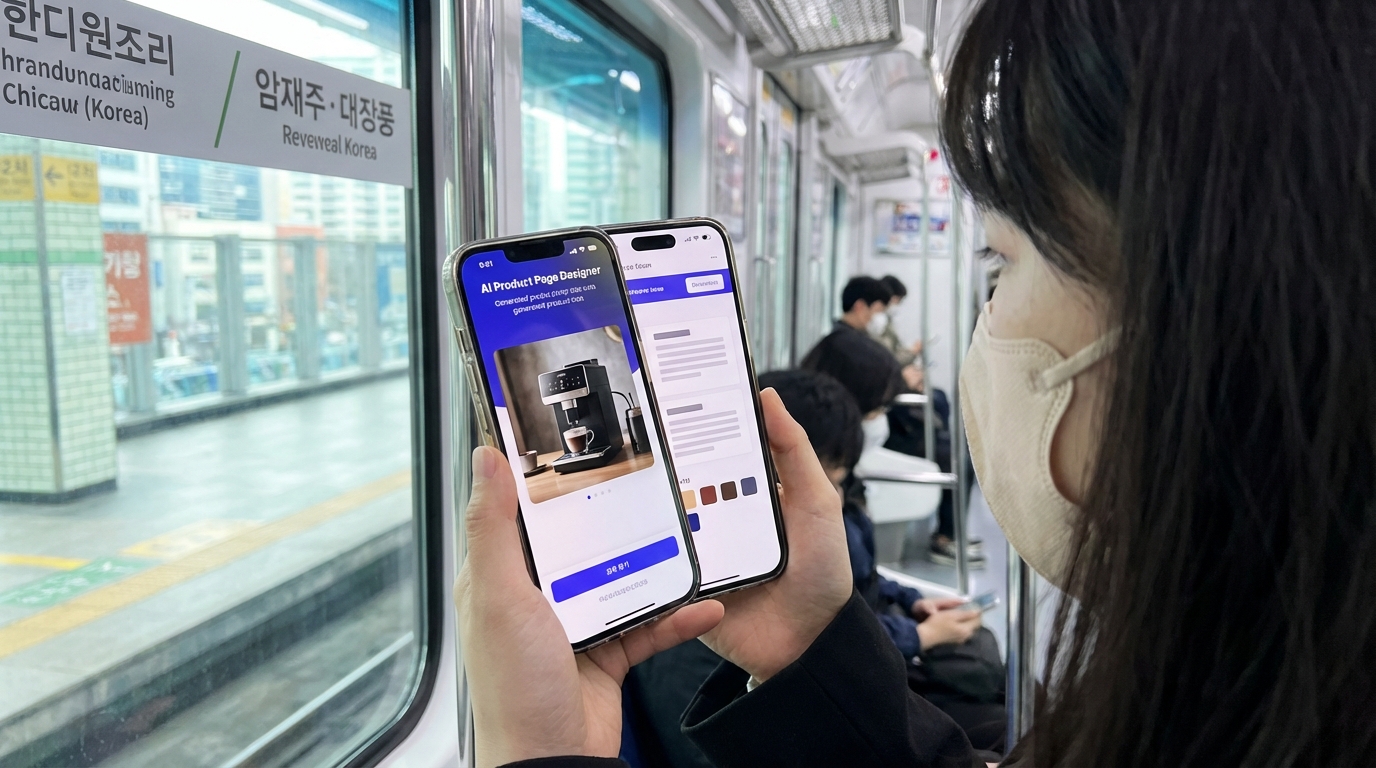 지하철에서 스마트폰으로 상세페이지를 디자인하는 한국인 모습