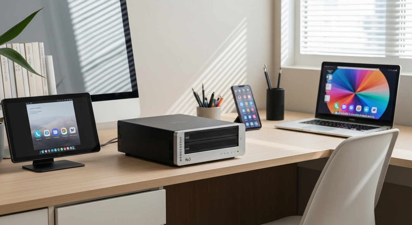 현대 가정 사무실에 네트워크에 연결된 NAS 서버와 여러 기기가 배치된 모습