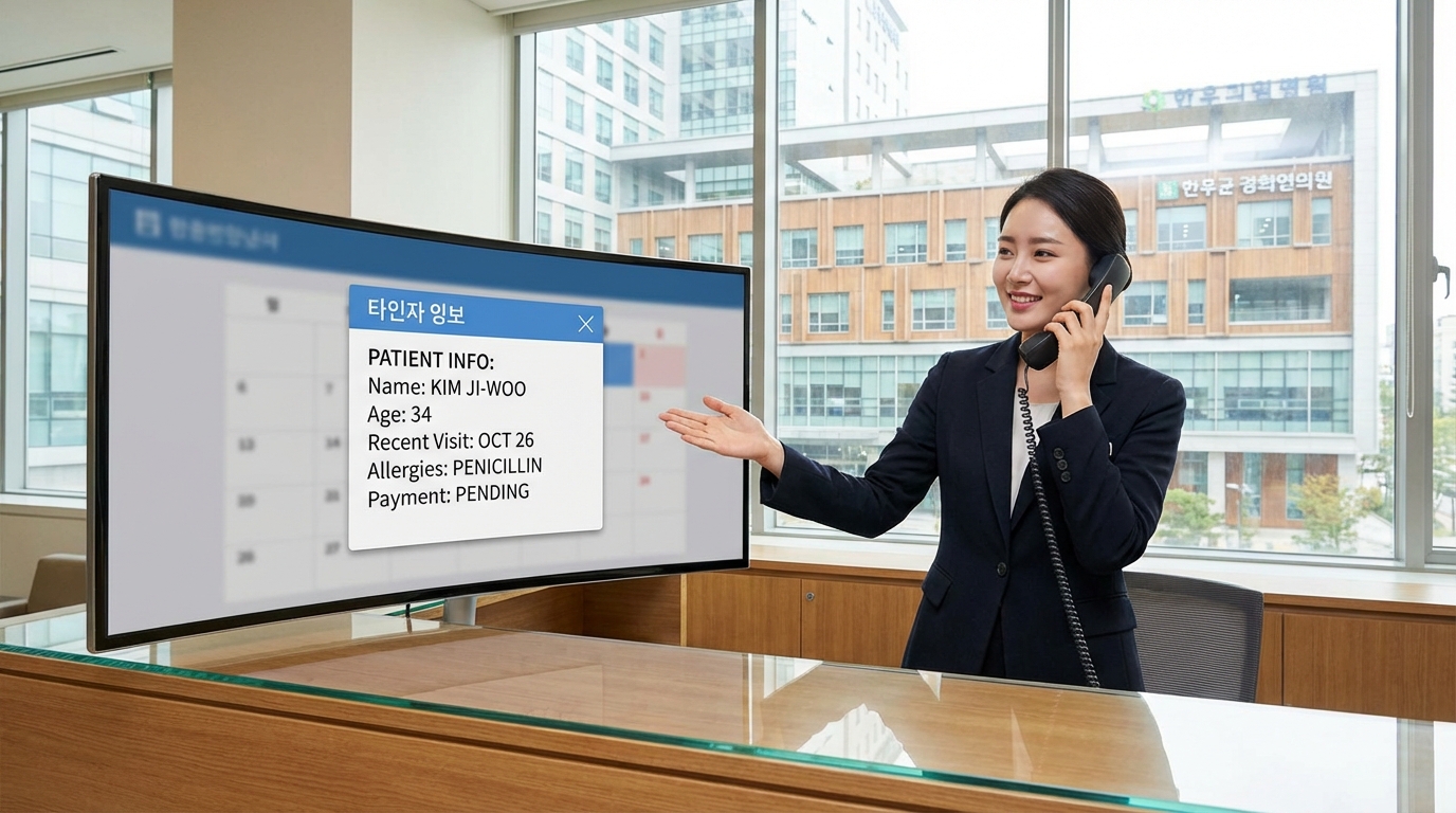 병원 리셉션에서 환자 정보 팝업이 보이는 모습