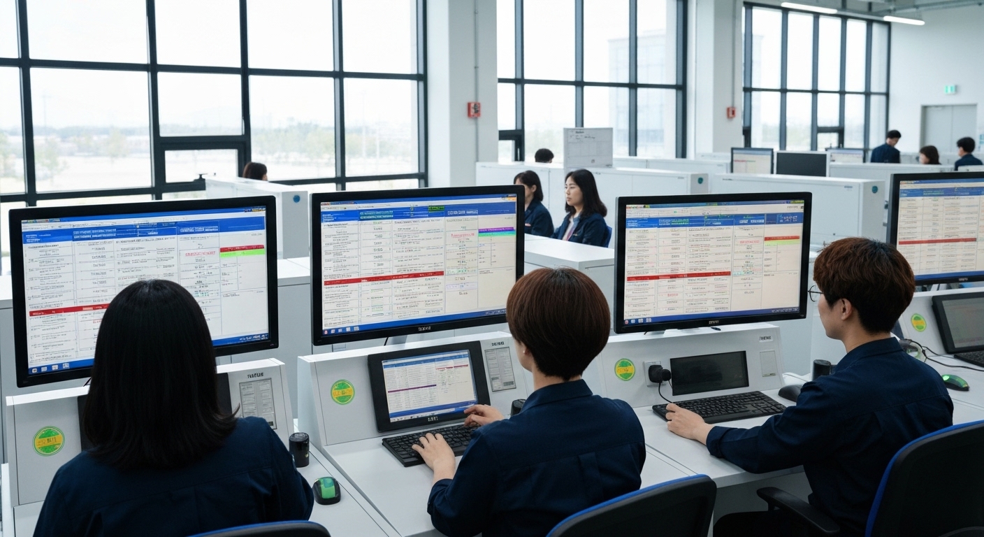 현대적인 한국 물류 창고에서 실시간 재고 모니터링 화면을 보며 일하는 직원들의 모습