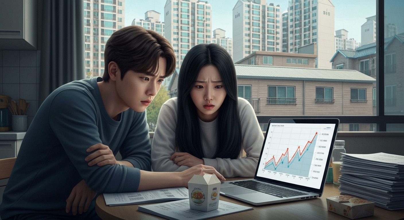 전셋값 상승에 걱정하는 한국의 젊은 부부 모습과 도시 배경