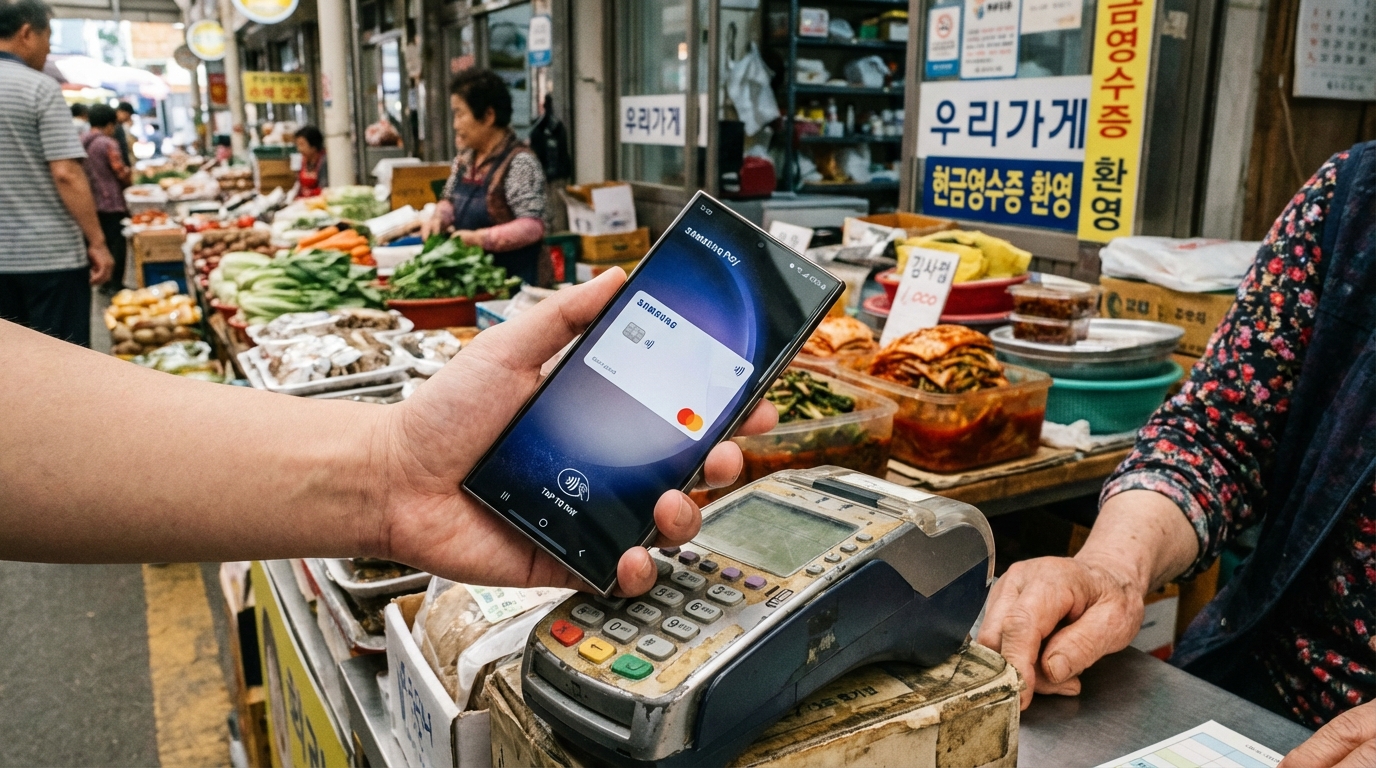 한국 전통 시장에서 삼성페이로 결제하는 모습