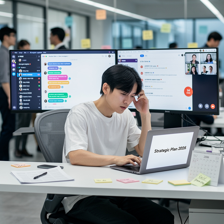 2026년 얕은 업무로 지친 한국 직장인의 모습