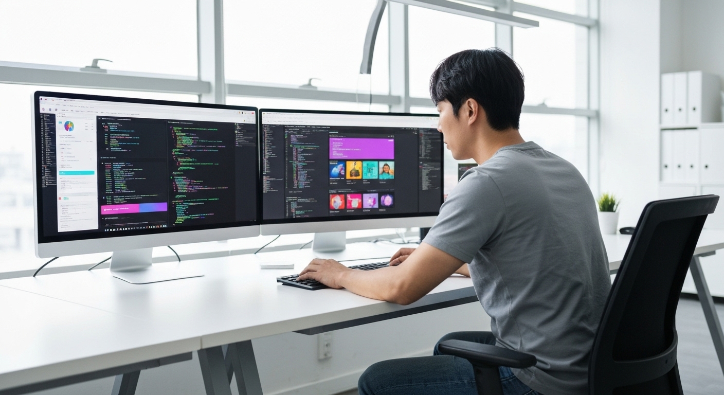 웹 개발자가 사무실에서 여러 스크린을 보며 작업하는 모습