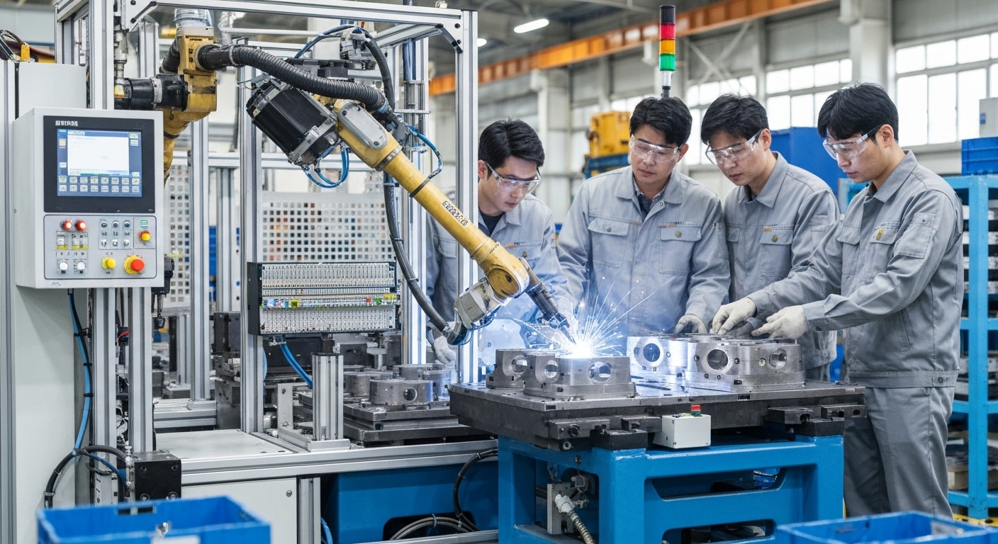 현대 공장 내 컴팩트 PLC가 통합된 자동화 시스템과 이를 점검하는 한국 엔지니어들