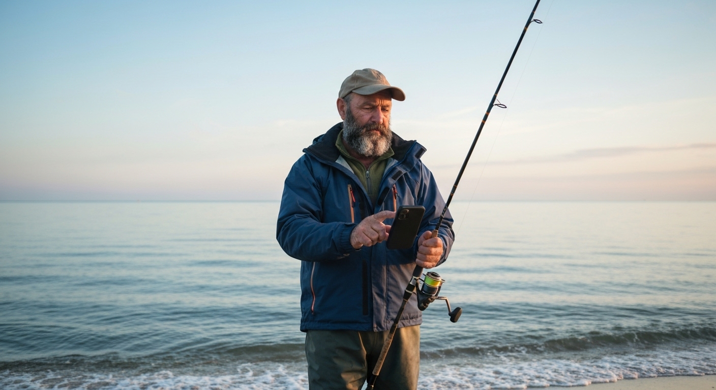 스마트폰으로 낚시 물때 앱을 사용하는 낚시인의 모습