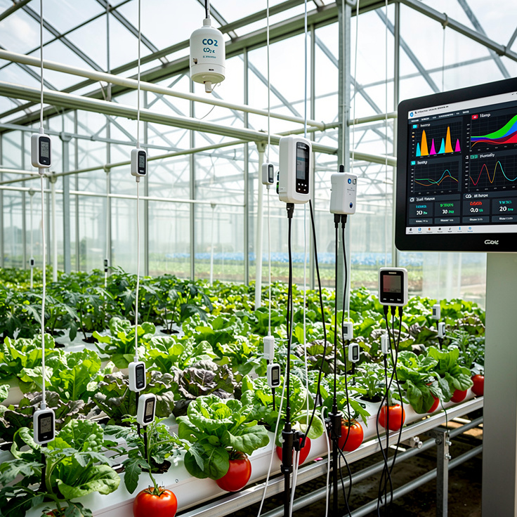 스마트팜 온실 내부에 설치된 다양한 센서들과 건강한 작물들 모습