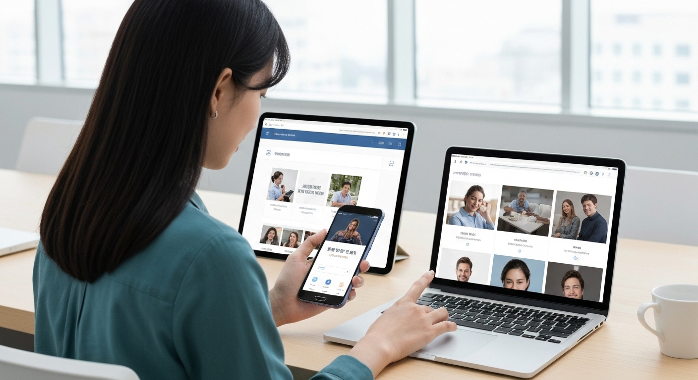 다양한 디바이스에서 반응형 웹을 사용하는 한국 사람들 모습