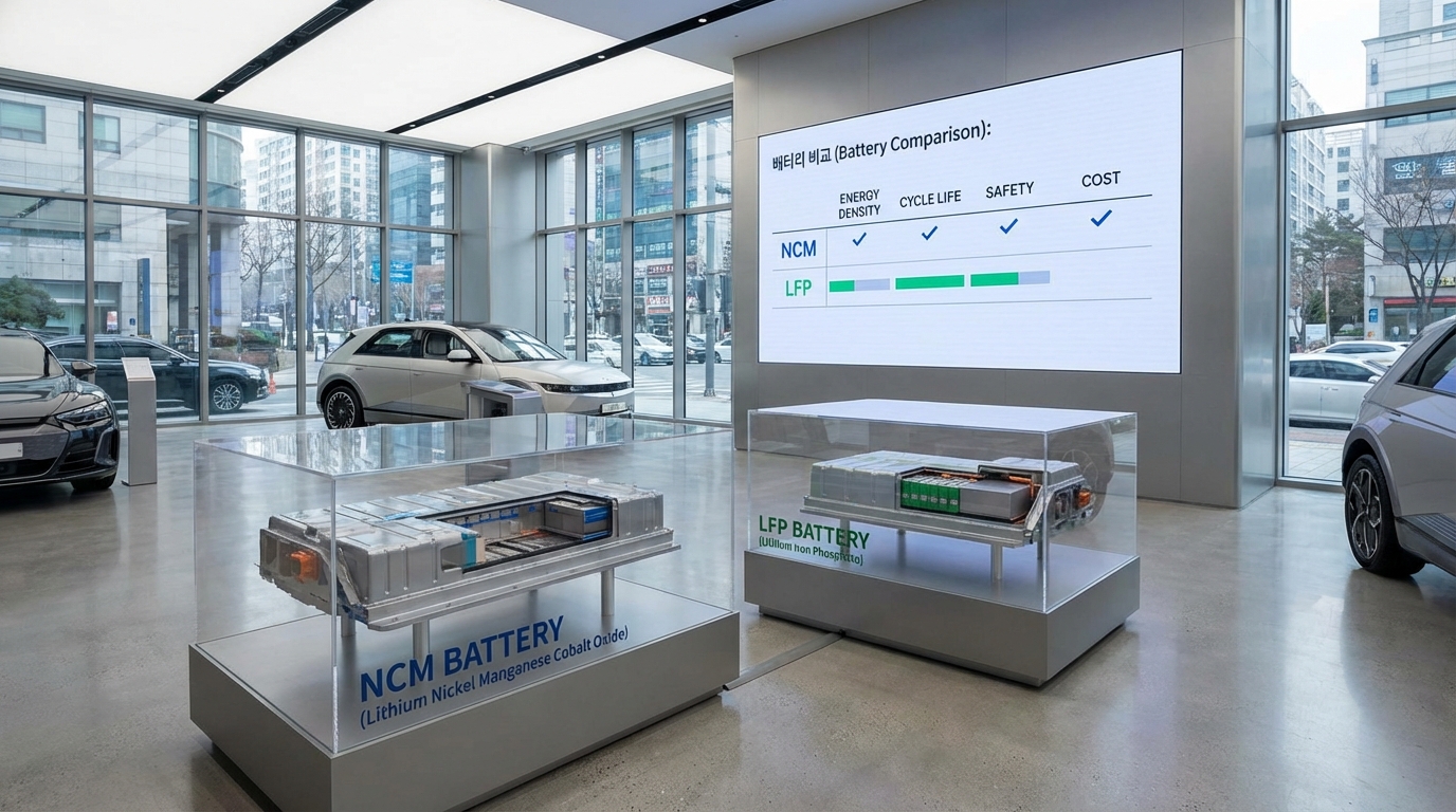 한국의 전기차 쇼룸에서 NCM과 LFP 배터리 비교 차트가 보이는 모습