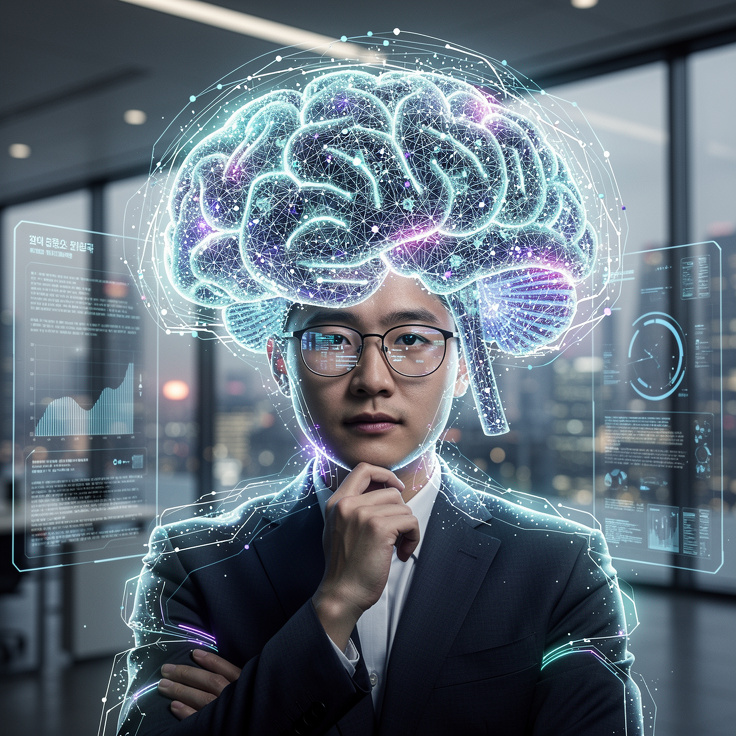 거대 언어 모델을 상징하는 복잡한 디지털 뇌 이미지