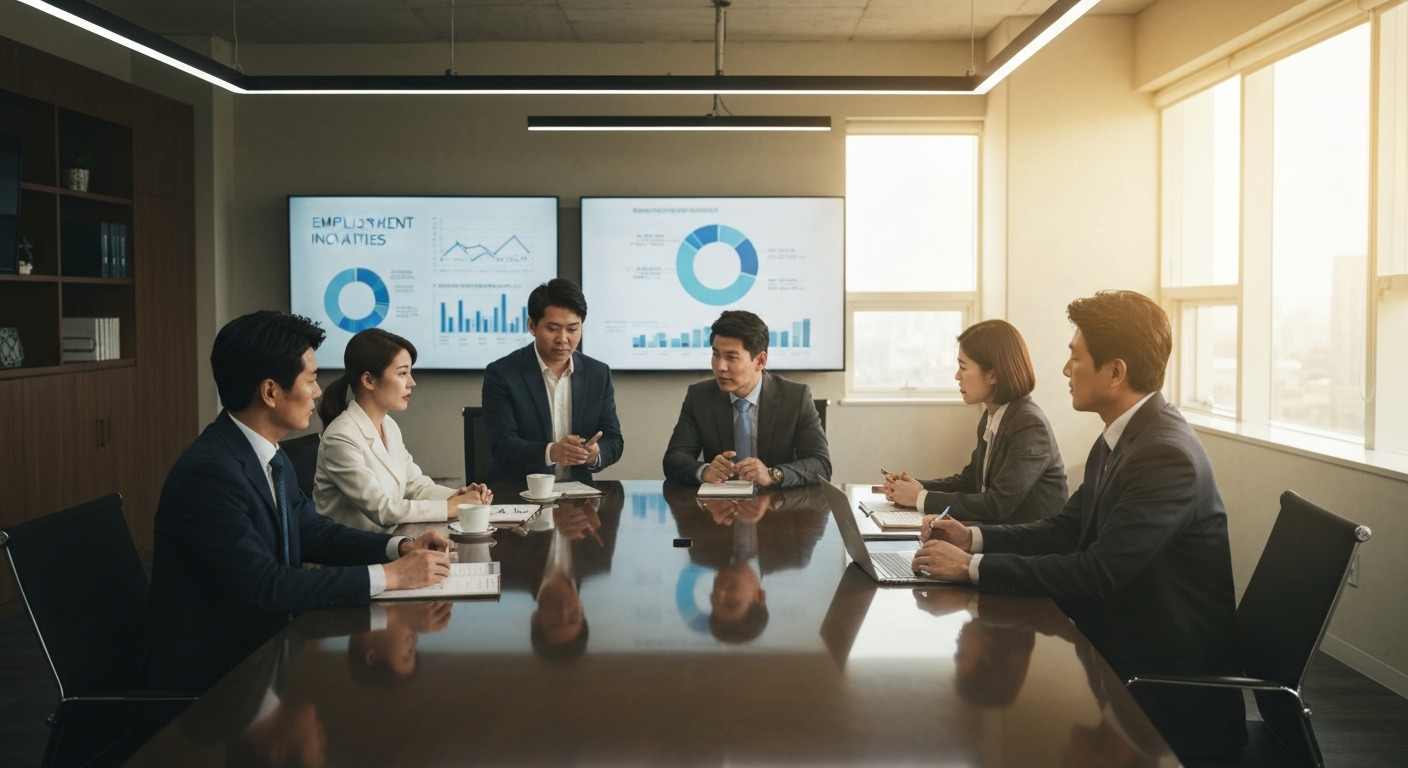 한국의 현대적인 사무실에서 다양한 한국인 직원들이 고용촉진장려금 정책에 대해 논의하는 모습