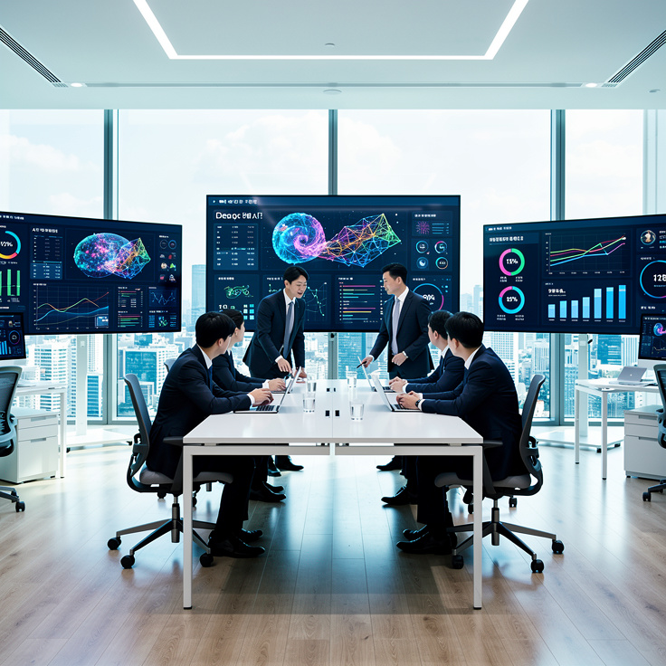 기업 사무실에서 AI 딥러닝과 ROI 차트를 보여주는 디지털 화면