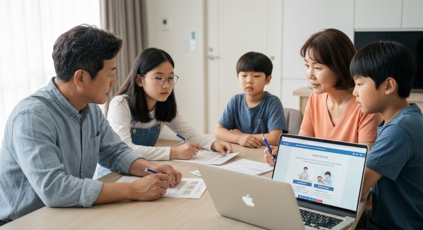 중년의 한국 가족이 집에서 간병비용 지원에 대해 이야기하는 모습