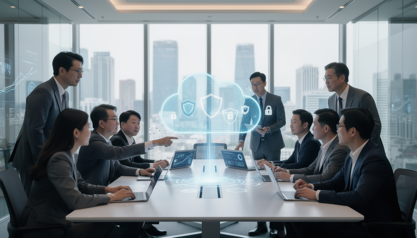2025년 디지털 혁신과 비즈니스 혁신을 위한 클라우드 보안 솔루션 회의하는 한국 기업인들