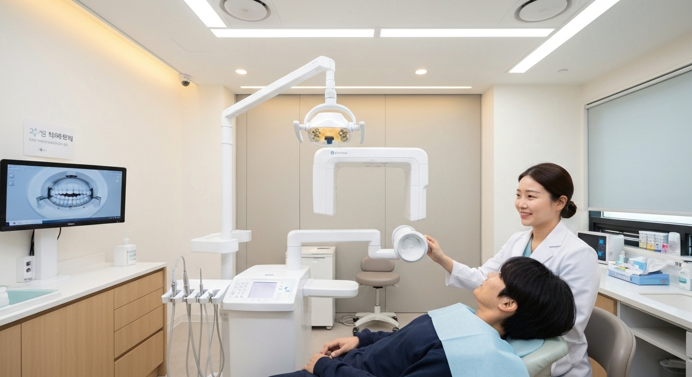 임플란트 수술 전 정밀 진단을 위한 디지털 X-ray와 3D CT 장비가 설치된 한국 치과 내부 모습
