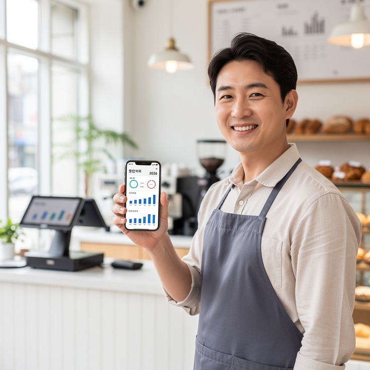 한국의 소규모 사업자가 모바일 매출 장부 어플을 사용하며 절세와 재무관리를 준비하는 모습