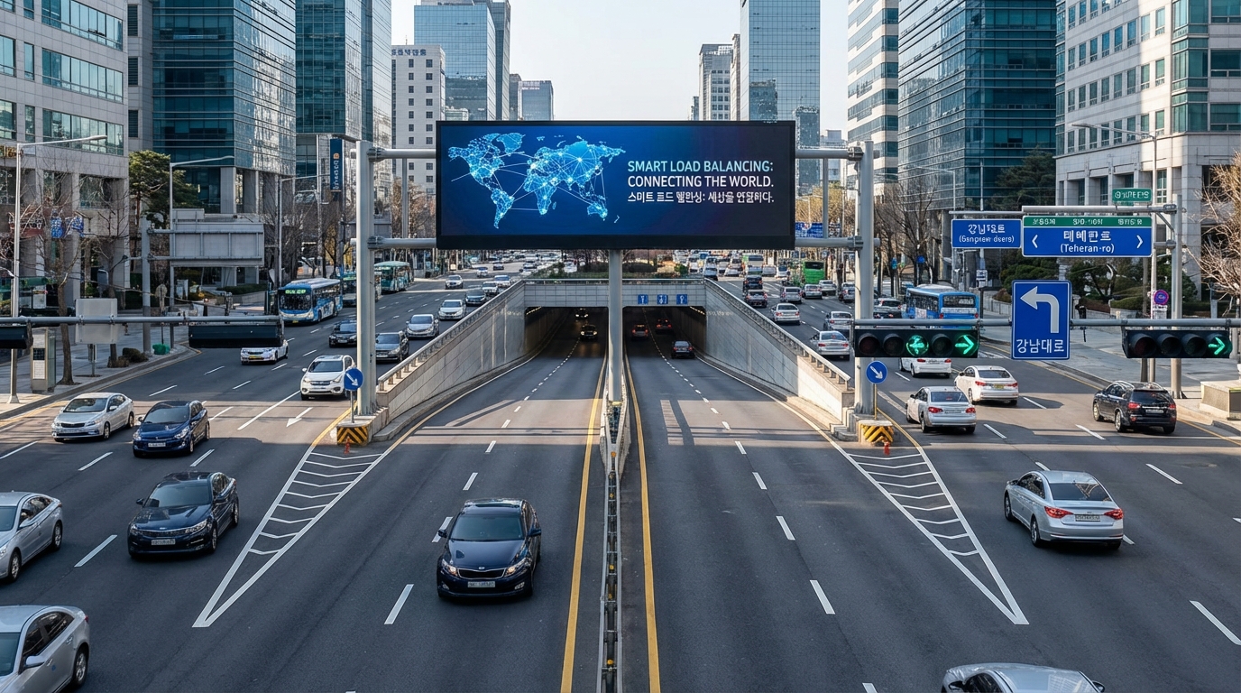 한국 도심의 교차로에서 여러 갈래로 나누어지는 도로를 보여주는 고화질 사진, 인터넷 트래픽 분산을 상징함