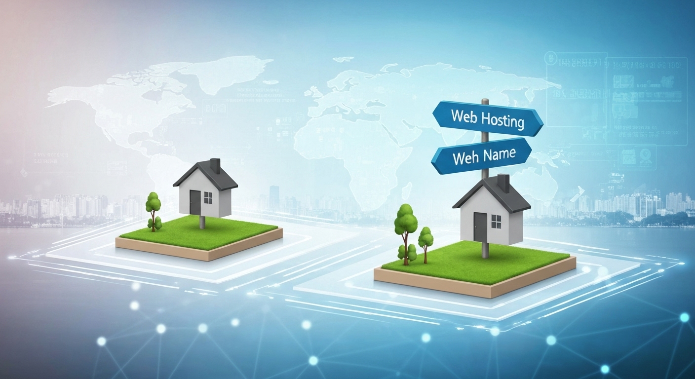 웹호스팅을 온라인 부동산으로 비유하여 집과 땅, 도메인을 상징하는 실사 스타일 이미지