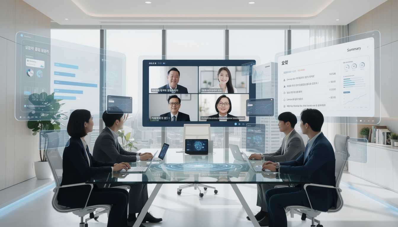 한국의 AI 협업툴 기능으로 회의 동시 통역과 자동 요약을 사용하는 모습