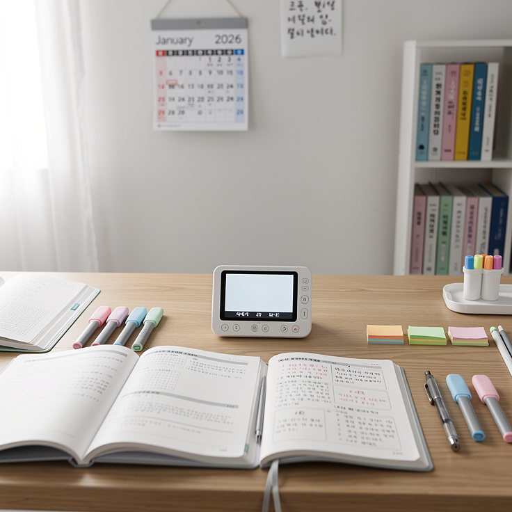 디지털 디톡스 테마의 한국 학생 책상과 PMP 기기 모습