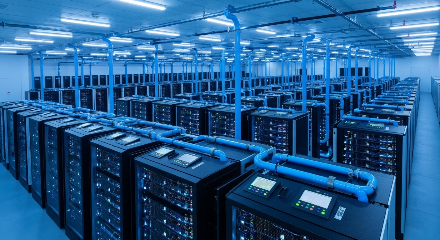 한국 데이터센터 내부 모습, 액체 냉각 시스템과 전력 모니터링 장비가 보이는 고화질 실사 이미지
