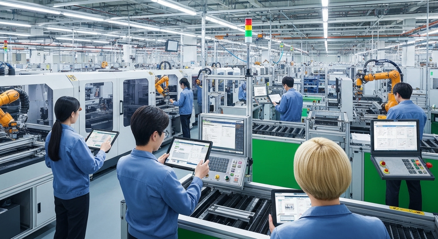 현대적 제조 공장 내부 모습과 디지털 장비를 사용하는 작업자들