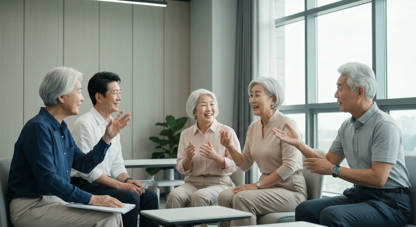 훈련 중 네트워킹을 하는 한국 중장년층의 모습