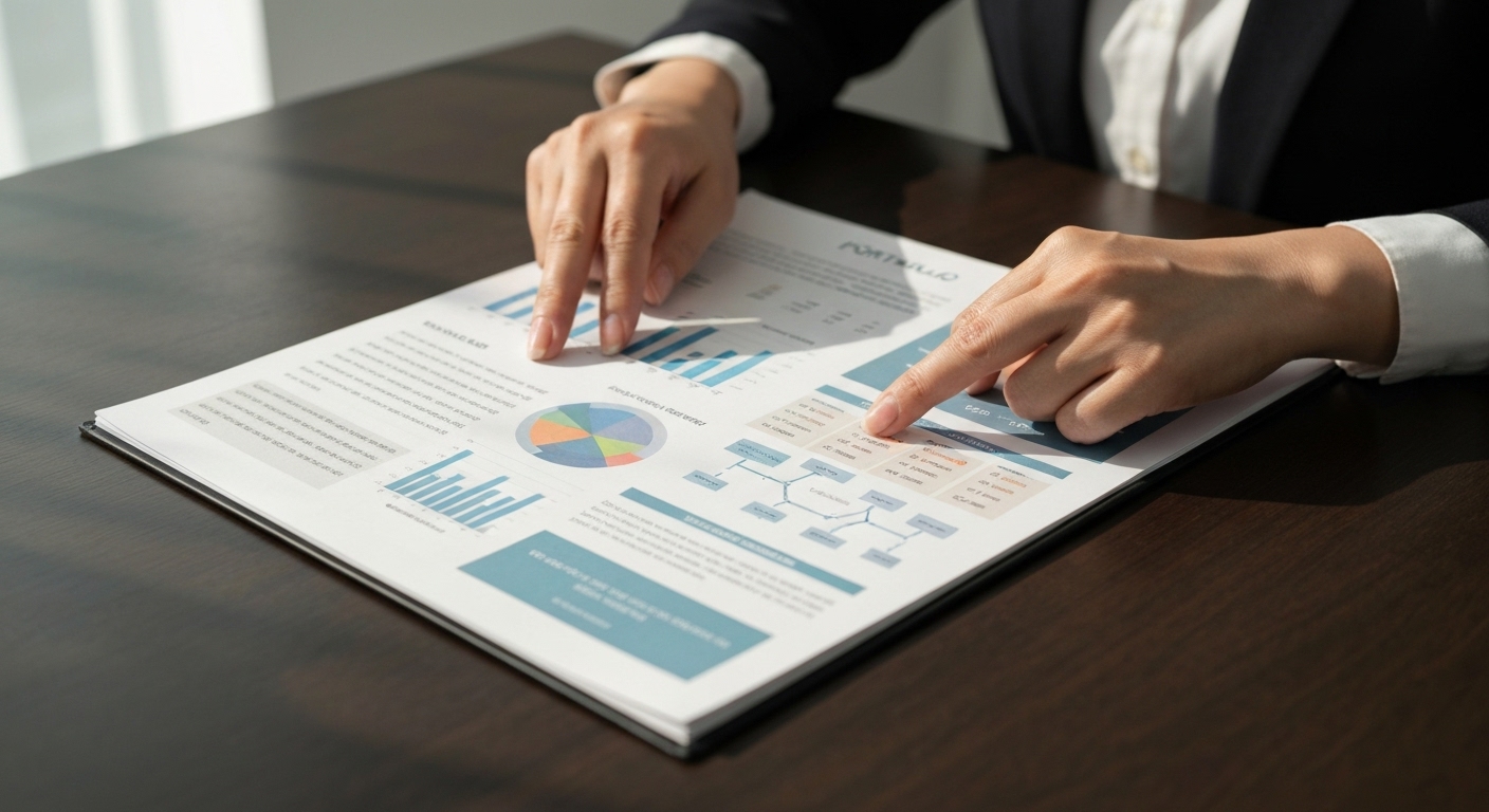중장년 한국인이 성과 중심 포트폴리오를 가리키며 자신의 경력을 체계적으로 정리하는 모습